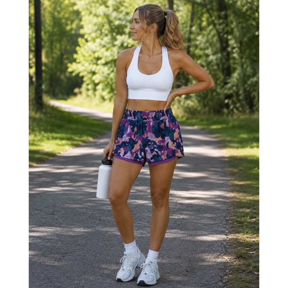Reebok Women Reflex Running Shorts 2-in-1 Layered Print Athletic Workout Size XL